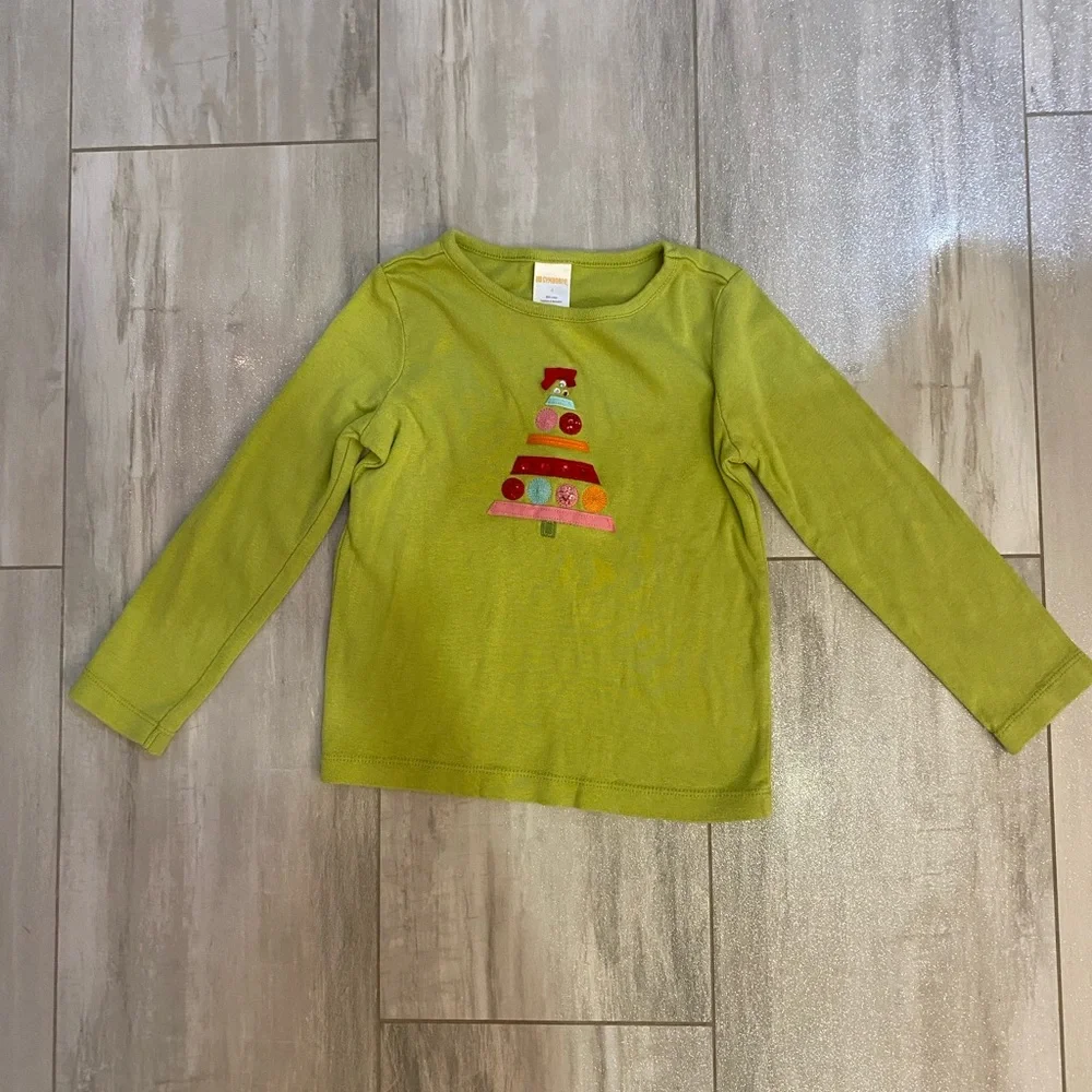 Gymboree Chartreuse Green Long Sleeve Christmas Tree Appliqué and Sequin T-Shirt